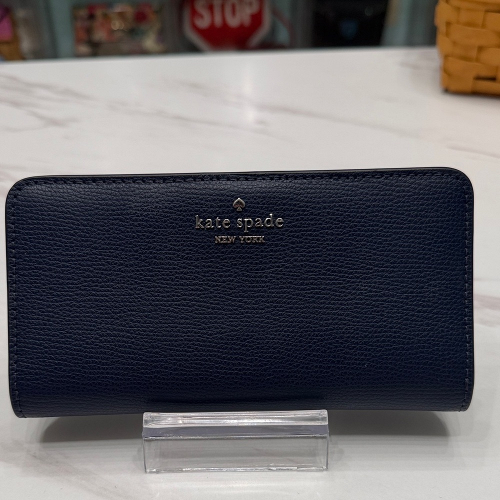 kate spade Navy Pebbled Leather Zip Wallet with Gold Logo
